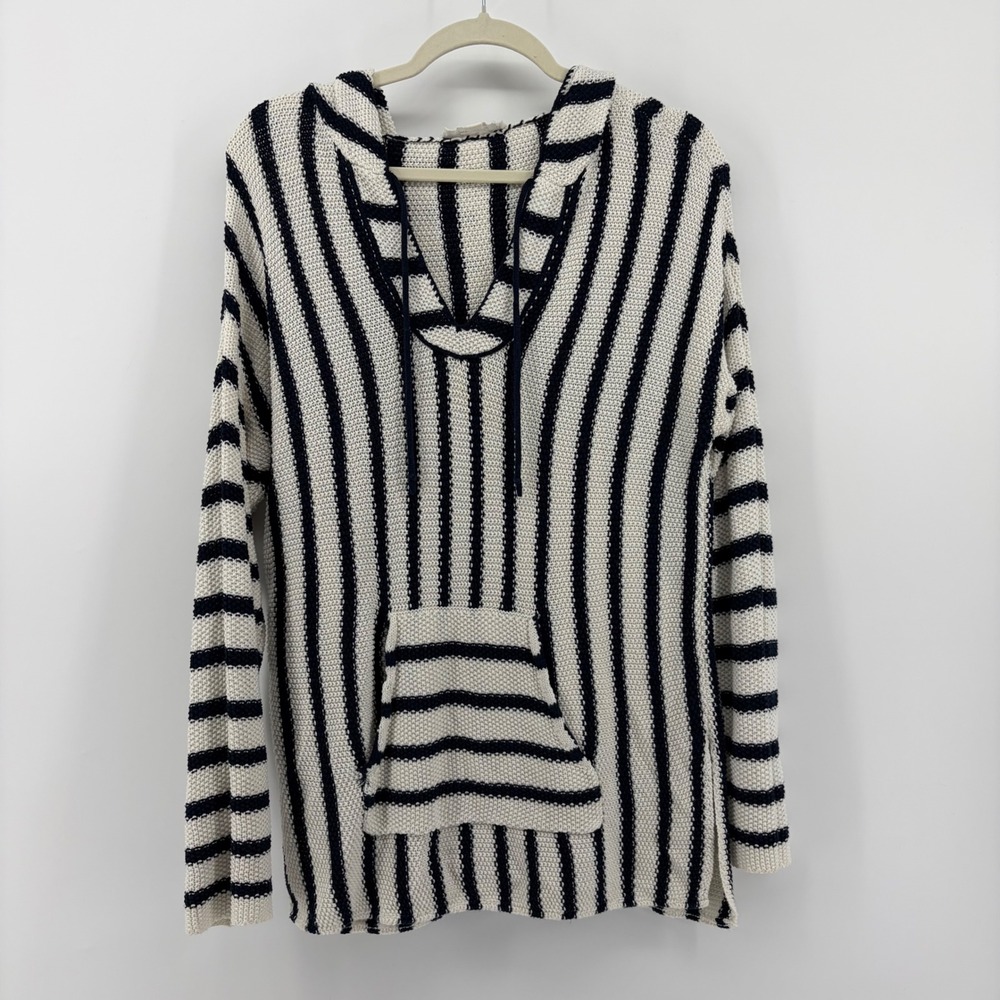 Two by‎ Vince Camuto Womens L Navy White Striped Knit Pullover Hoodie Sweater